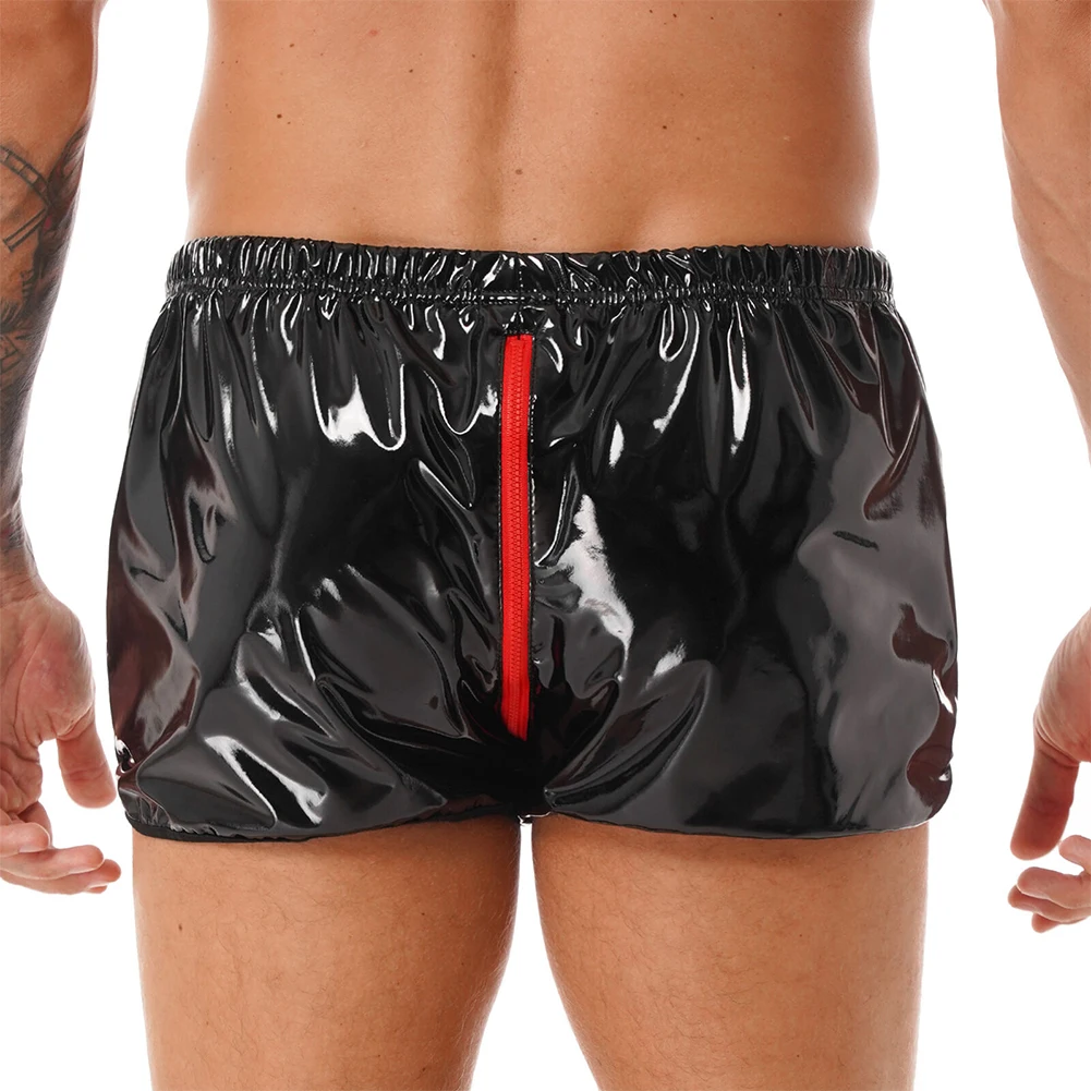 Mens Faux Leather Briefs  Zip Shorts Wet Look Trunks Male Shiny Latex Underpants Male Mid Waist Panties Clubwear