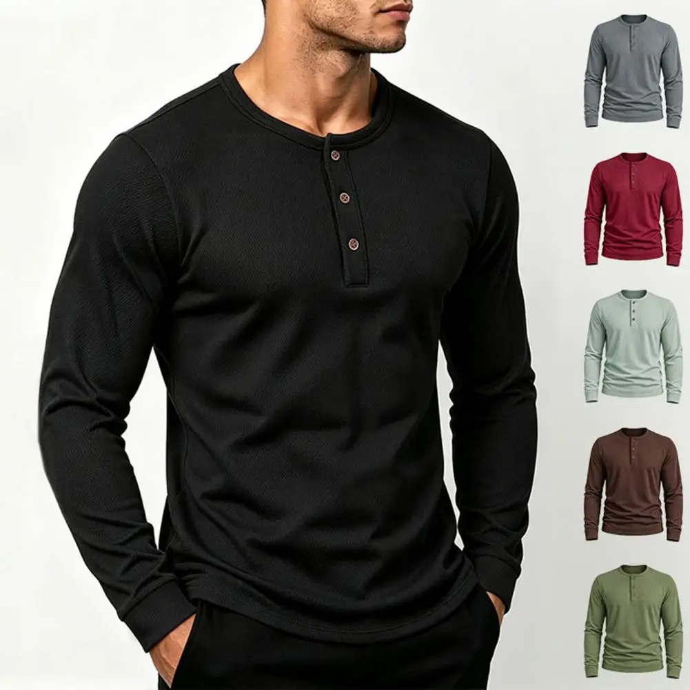 Men's Long Sleeve Pullover Shirt, 3 Button Placket Quick Dry Athletic Top, Regular Stylish Mens Basic Shirts for Fall Daily Wear