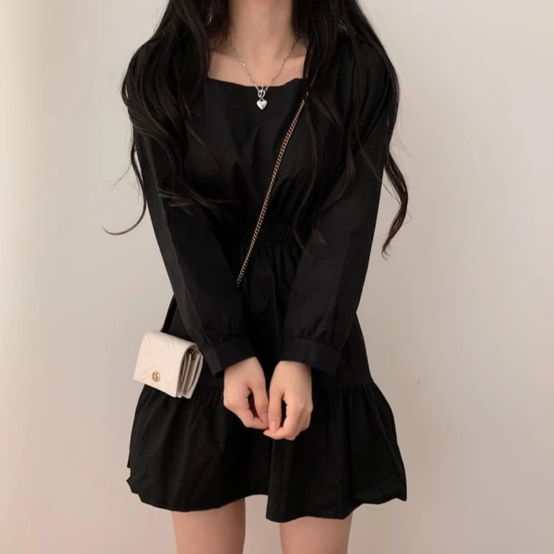 2023년 봄 여성 한국 스타일 스윗 젊은 루즈핏 인형 드레스 스퀘어 넥 A라인 스커트 긴팔 숏 기장 솔리드 컬러