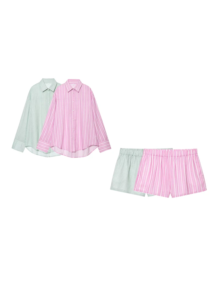 

TRZA Women's Fashion Oversized Striped Shirt Set And Mid-Waist Elastic Waist Side Pockets Shorts Female Sets Outfit Mujer