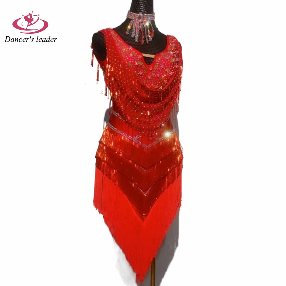 Latin Dance Dress High-end Custom Sleeveless Red With Flash Diamond Tassel Dance Dress Cha Cha Tango Stage Professional Clothing