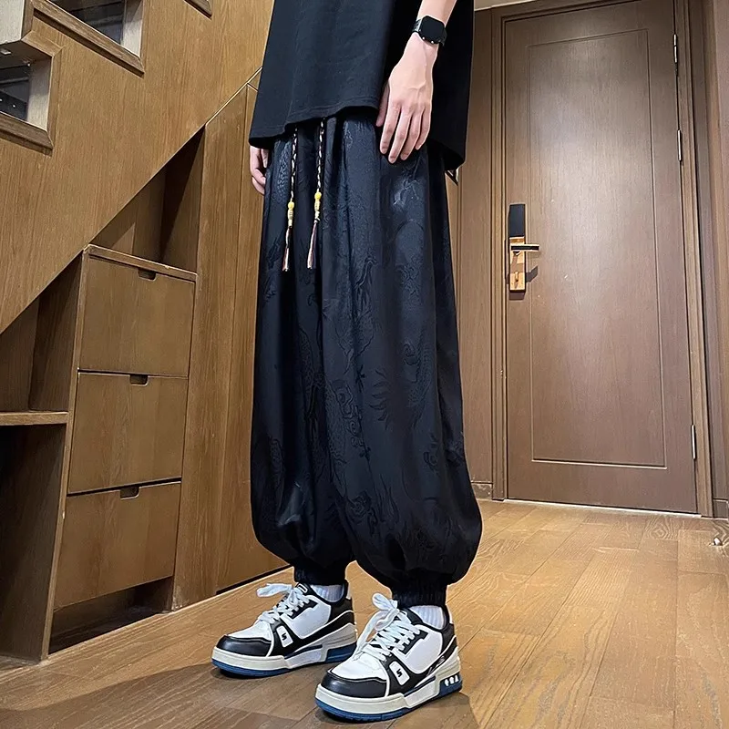 بنطال فانوس برباط للرجال باللون الأبيض على الطراز الصيني، بنطال كاجوال أسود، مقاسات آسيوية M-5XL.