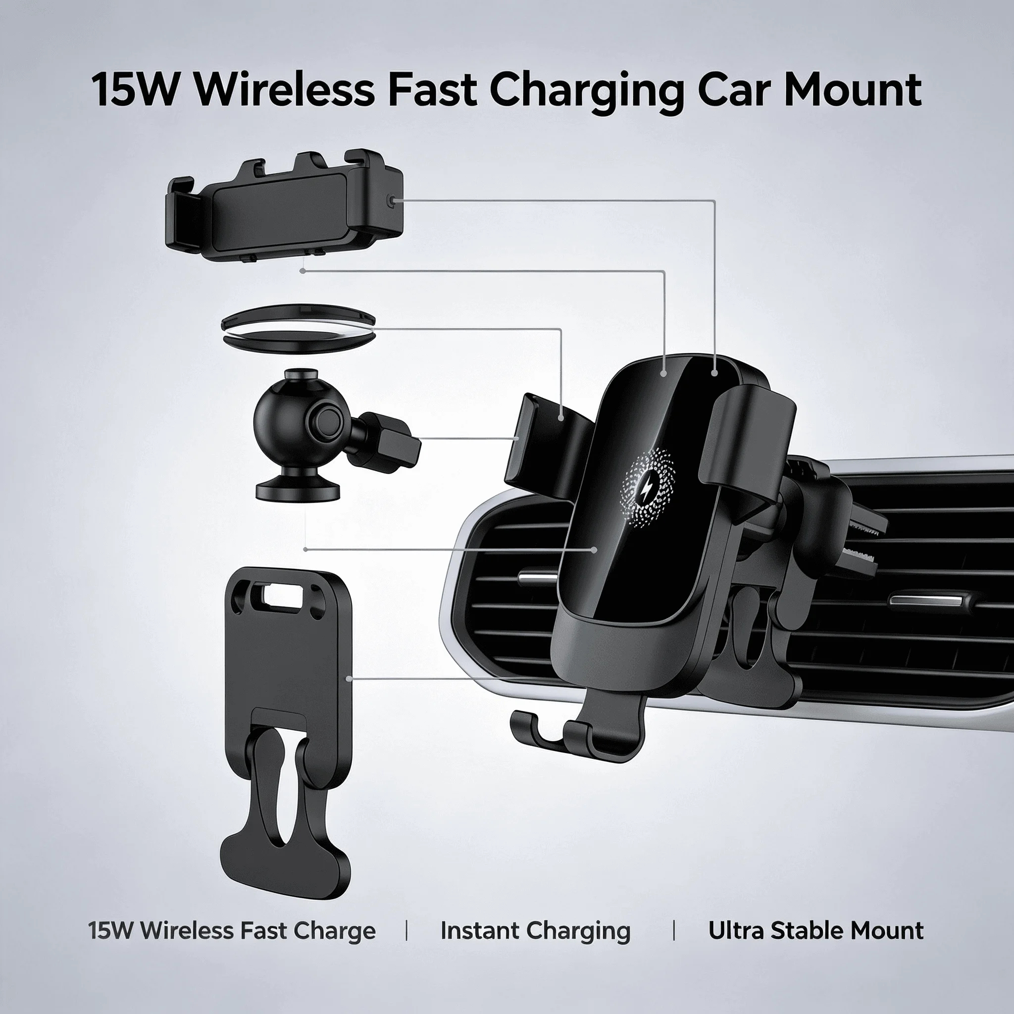 Wireless Car Charger 15W Fast Charging Auto Clamp Phone Mount QC3.0 Type-C 360° Rotation Air Vent Holder for ipone&Samsung