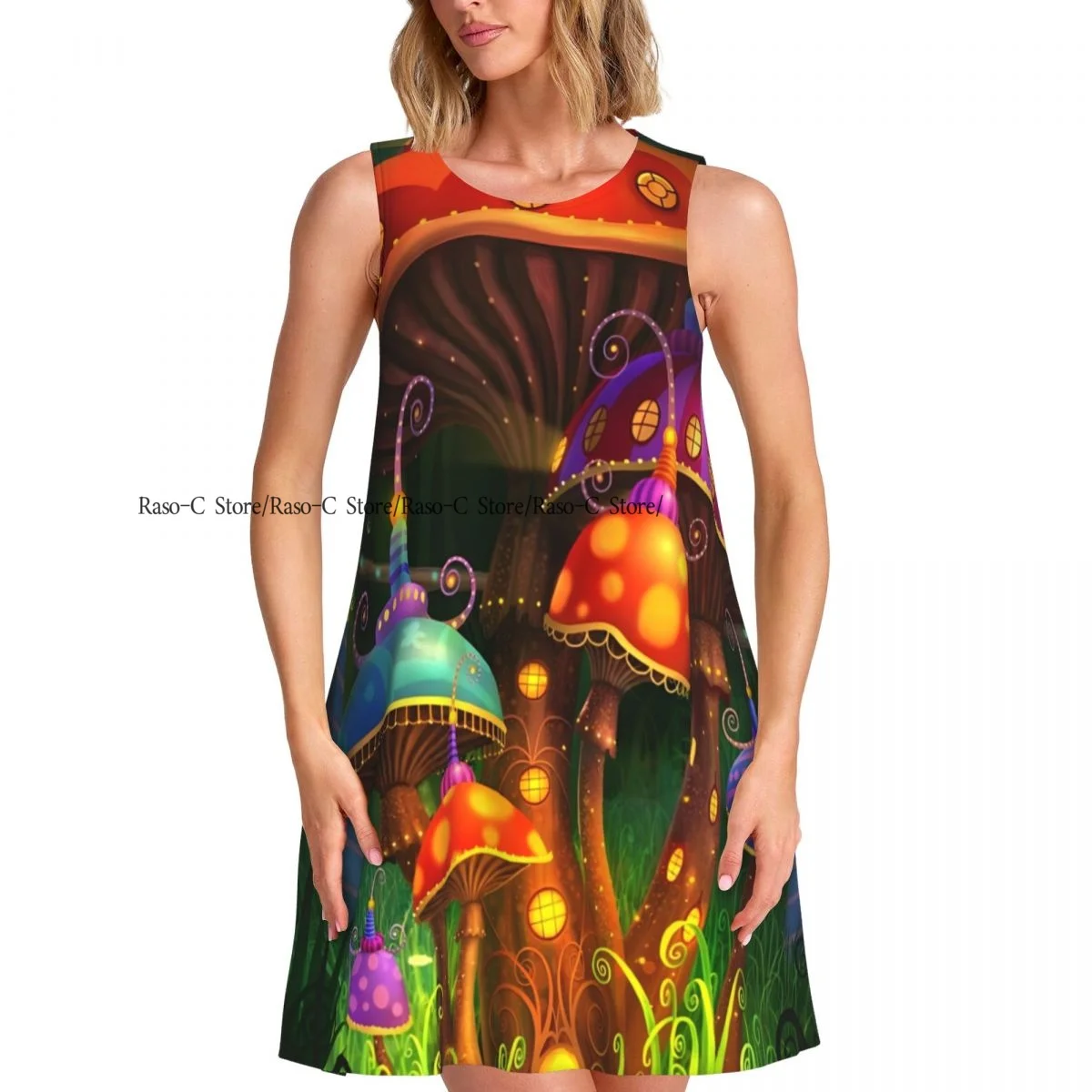 ชุดสตรีแฟนตาซีเห็ดป่าฤดูร้อนสบายๆเสื้อยืดชายหาดปกคลุมชุดถัง