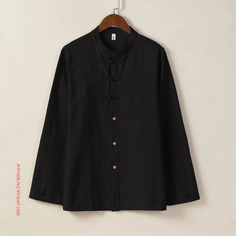 New Chinese Style Men's Long Sleeve Shirt Stand Collar Embroidered Cotton Linen Spring Vintage Casual Fashion City Outfit