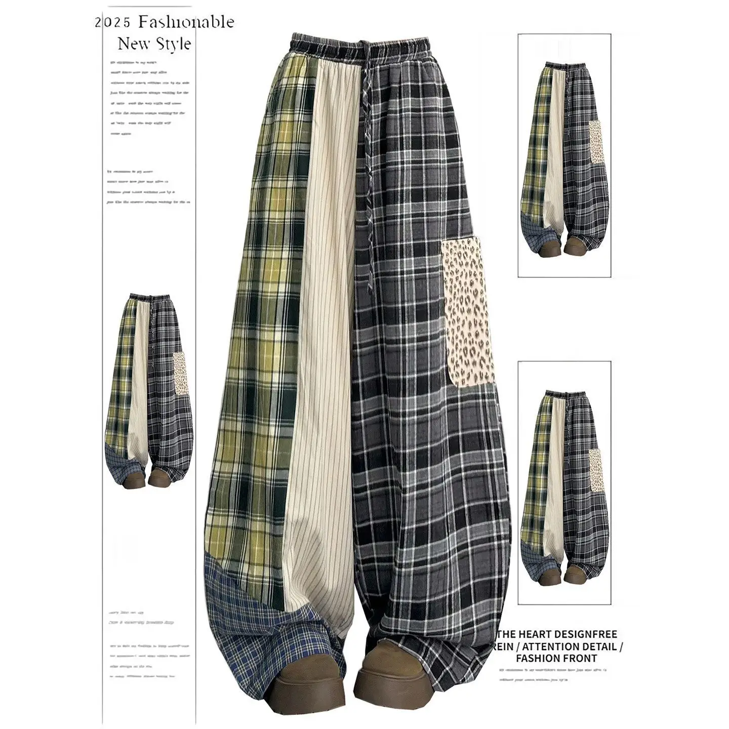 Y2K Women Patchwork Plaid Baggy Trousers Elastic Drawstring Waist Leopard Pocket Design Loose Wide Leg Casual Streetwear Long Pa