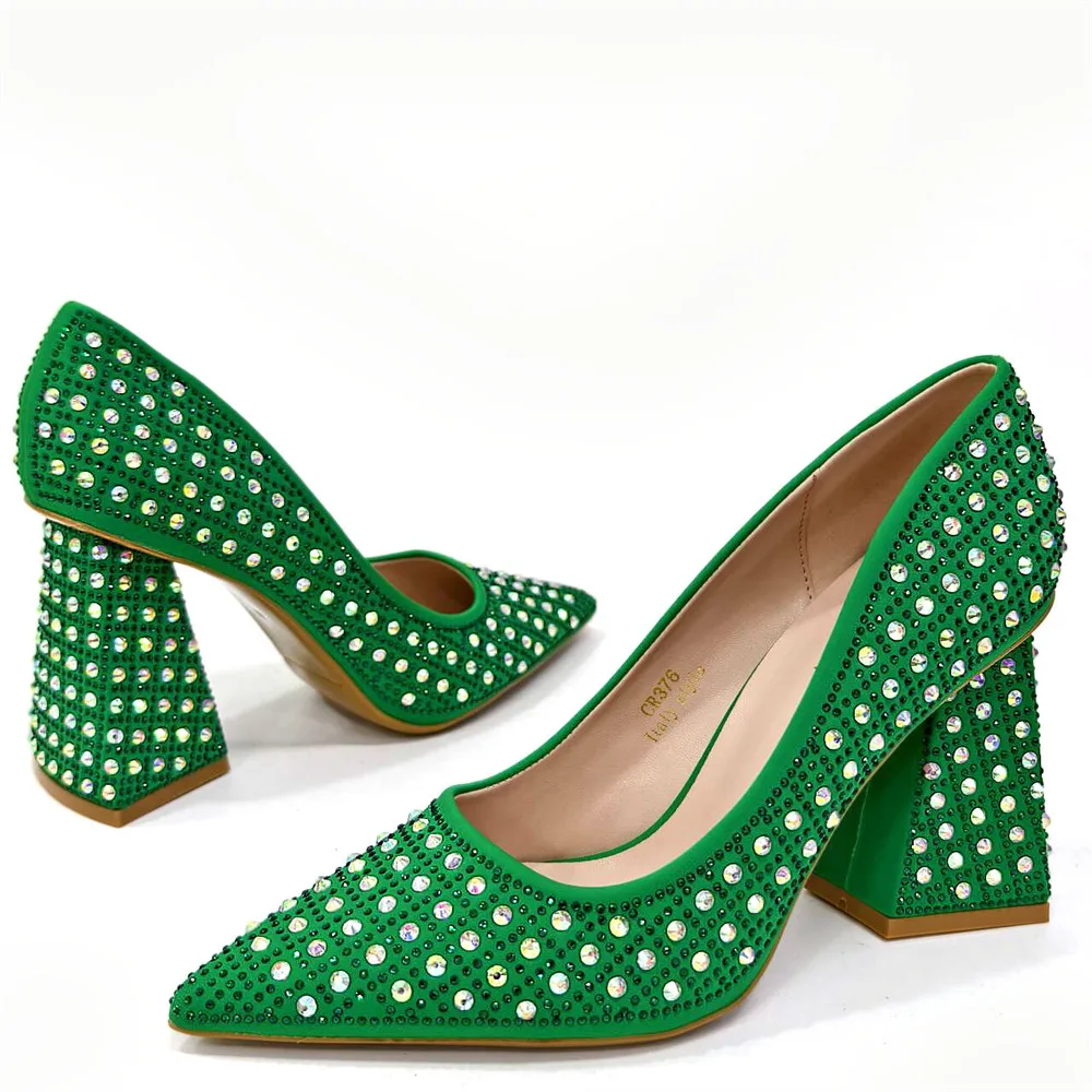 Nigerian Women Heels Party Ladies Italian Design Green Shoes And Bag Set Decorated with Rhinestone Handbag Wedding Party