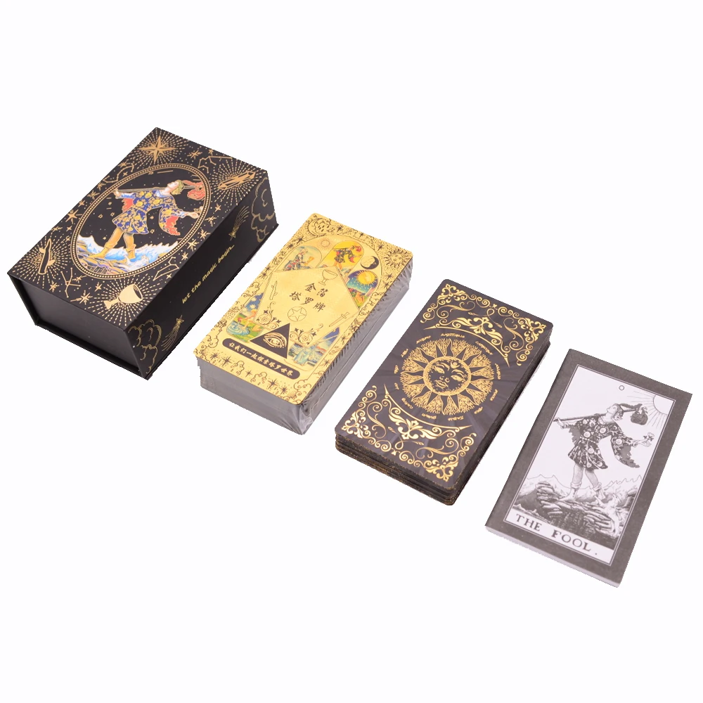 High Quality Laser Tarot Brand PVC Chinese Desktop Game Divination Card Gift Box Set with New Gold Stamping Waterproof Paper