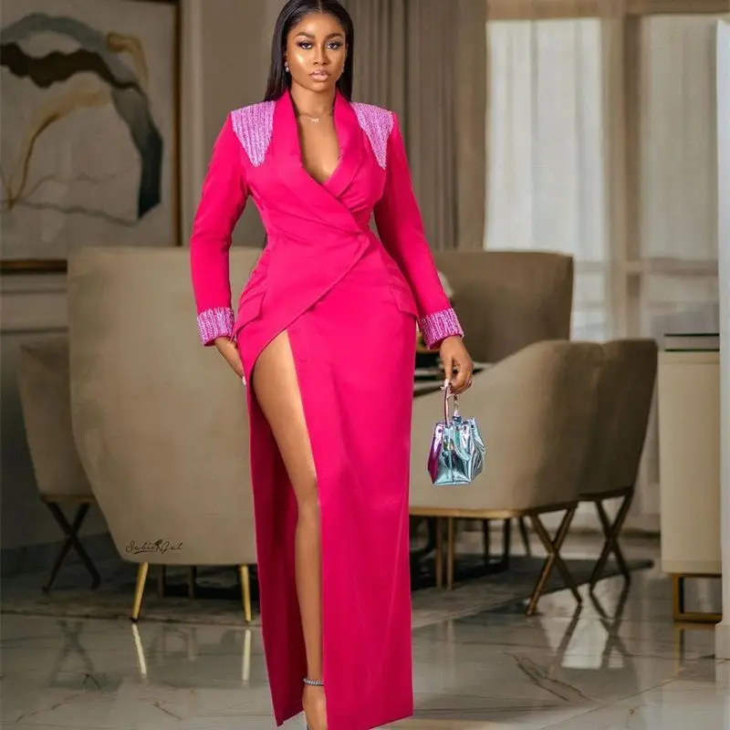 Sexy Side Split Prom Dress Women Suit Long Blazer Appliqued Beads Jacket Fuchsia Pink Party Graduation Gown Custom Made