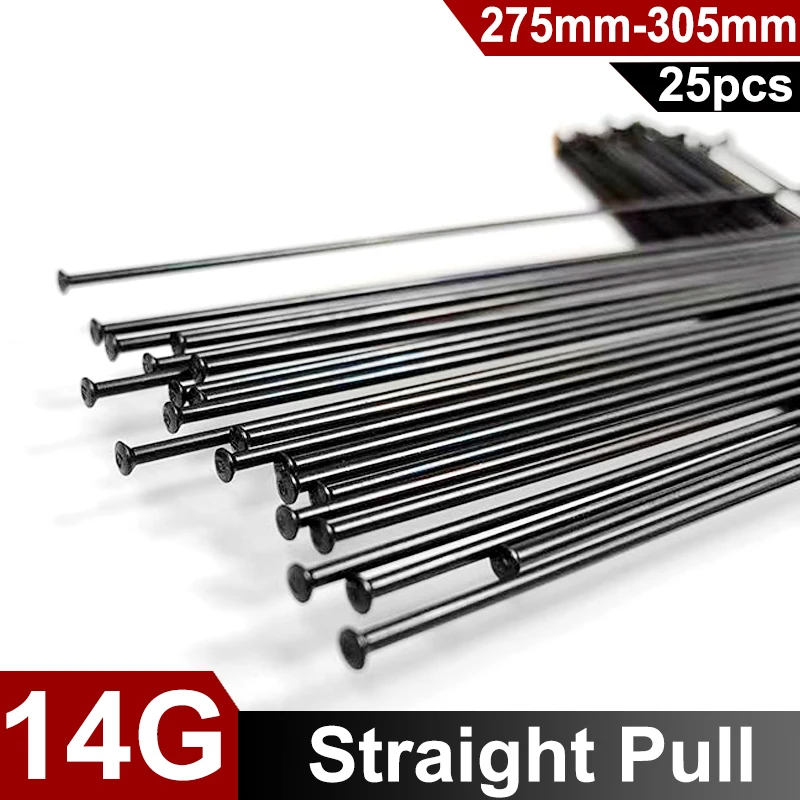 25 pièces de rayons de vélo droits en acier noir 14G 2,0 mm pour VTT, vélo de route et course, avec embouts 275-305 mm