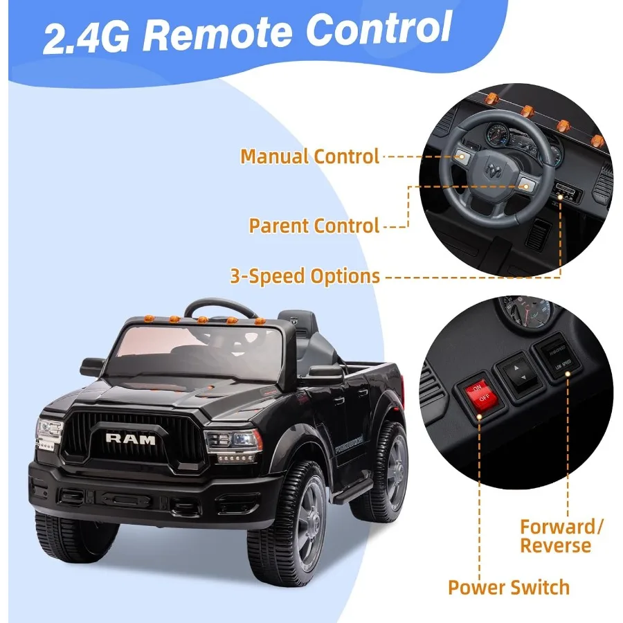 12V 電動乗用玩具（4～8歳向け）ライセンス取得済み Ram 2500 電動カー、リモコン付き、LEDライト/音楽/MP3、後部収納とカップホルダー付き