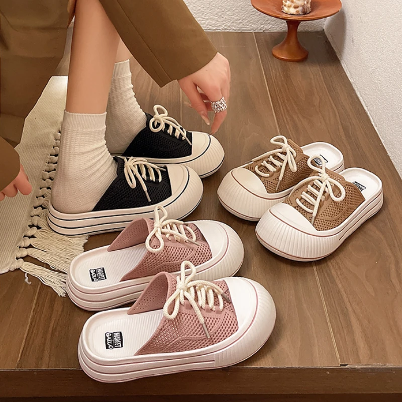 여성을위한 통기성 메쉬 레이스 업 여름 플랫폼 슬리퍼 홈 스트리트 신발 두꺼운 단독 한국 스타일 소녀 슬립 온 샌들