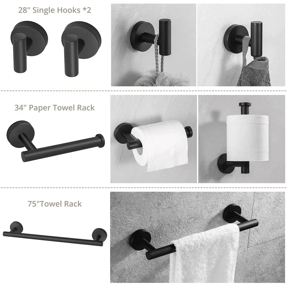 4Pcs Modern Bathroom Hardware Accessories Set Matte Black 304 Stainless Steel Wall Mounted Hooks Towel Bar Toilet Paper Holder