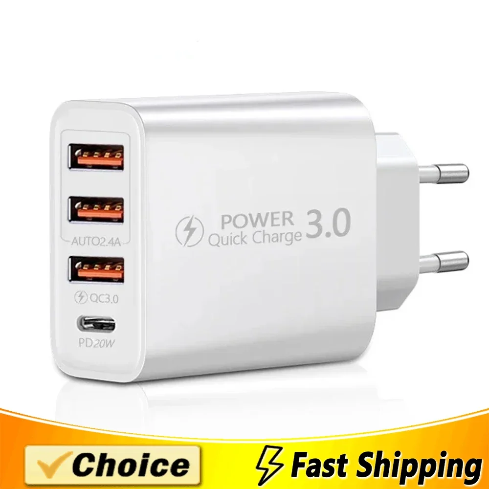 

20W Type C USB Quick Charger 4 Ports 3.0 PD Cell Mobile Phone Power FAST Adapter For iPhone Samsung Xiaomi White