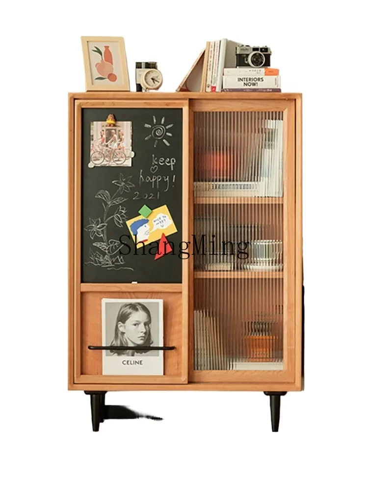 XMH solid wood bookcase with glass door storage cabinet cherry wood blackboard graffiti storage living room magazine cabinet