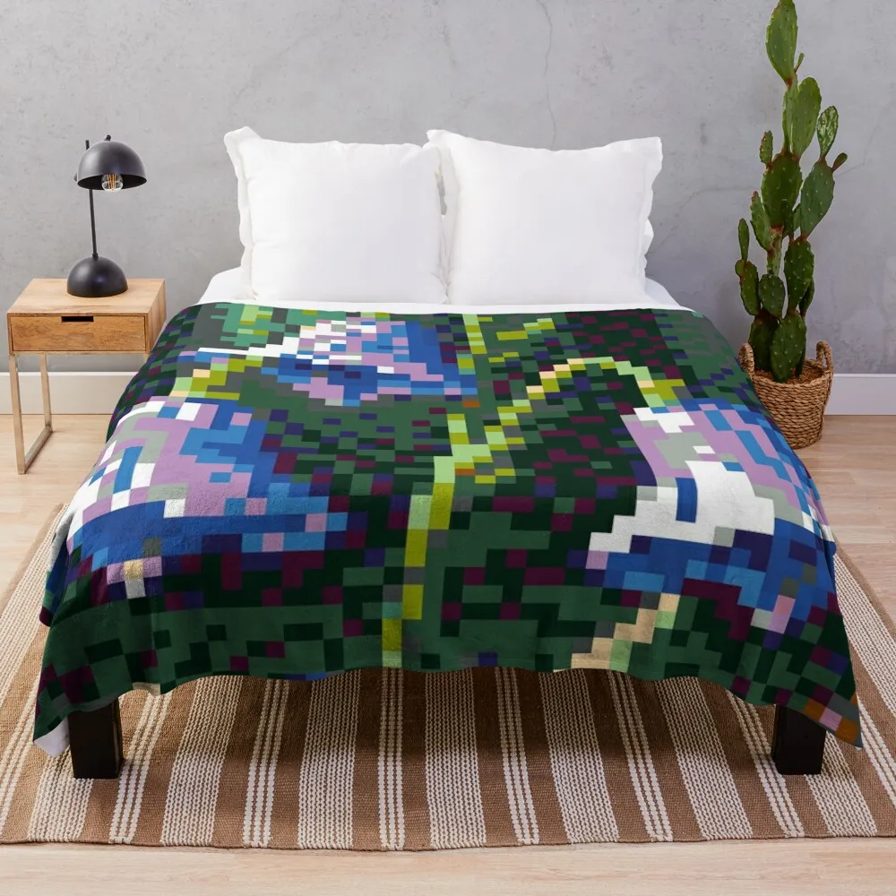 Bluebell Flowers in Serene Pixel Art Throw Blanket Softest Heavy Camping Summer Blankets