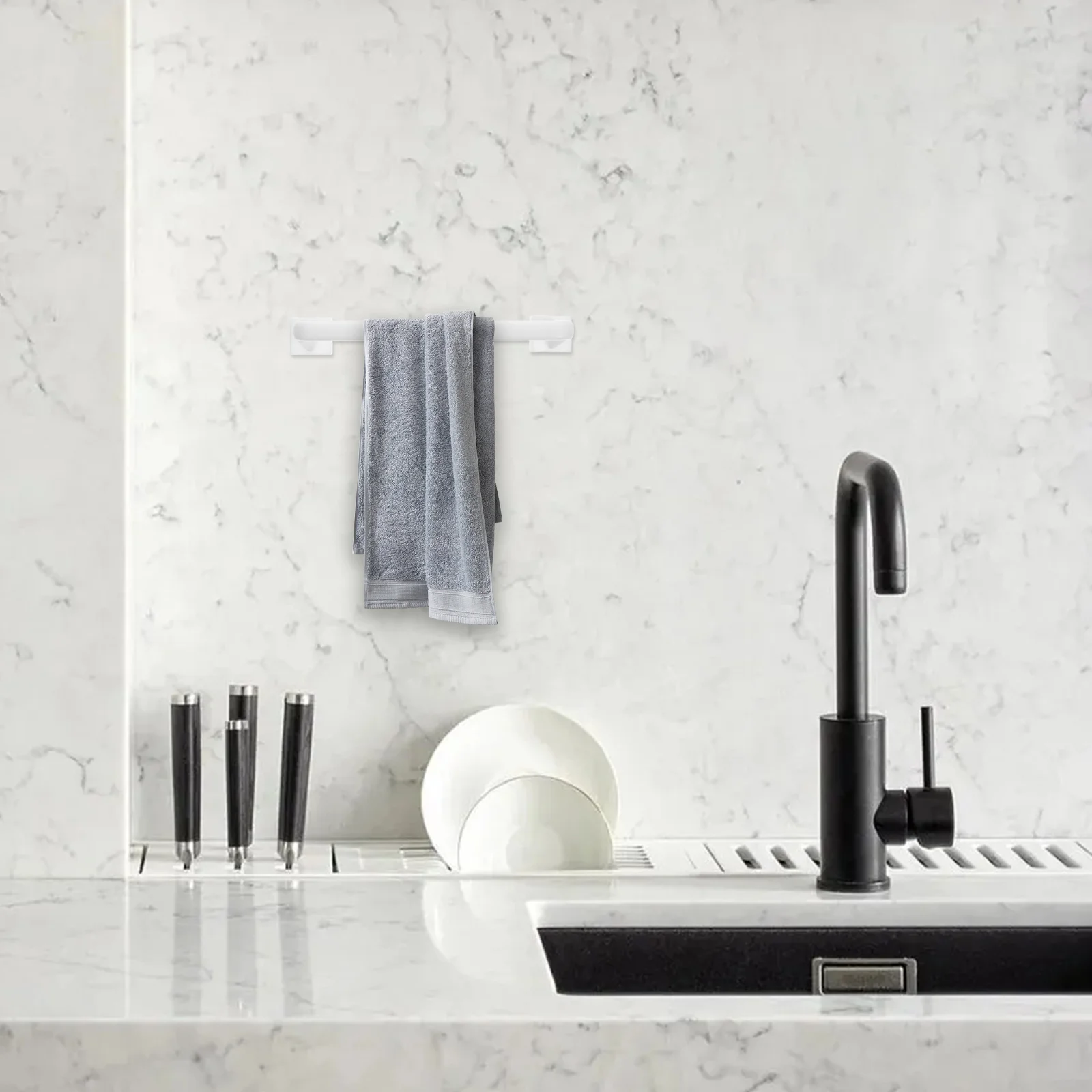 2pcs Towel Adhesive Waterproof Space-Saving No Drill Mount For Bathroom Kitchen Storage Rack Kitchen Storage Organizer White