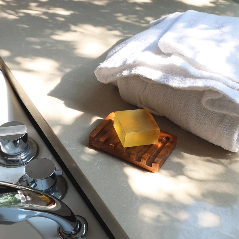 Soap Dish With Slanted Waterfall Design Bar Soap Holder Teak Wood Soap Box Soap Saver For Shower,Bathroom, Sink, Kitchen