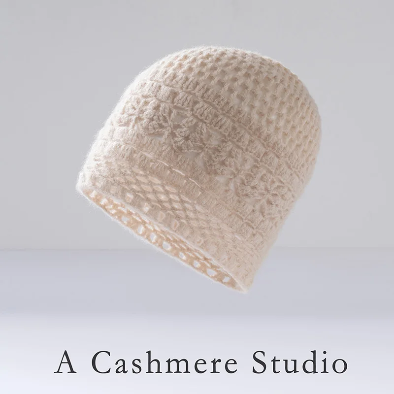 High-Quality Real Cashmere Handmade Crocheted Leisure Hat Women's Winter Outdoor Crocheted Hollow Fashion Cap Art Gift