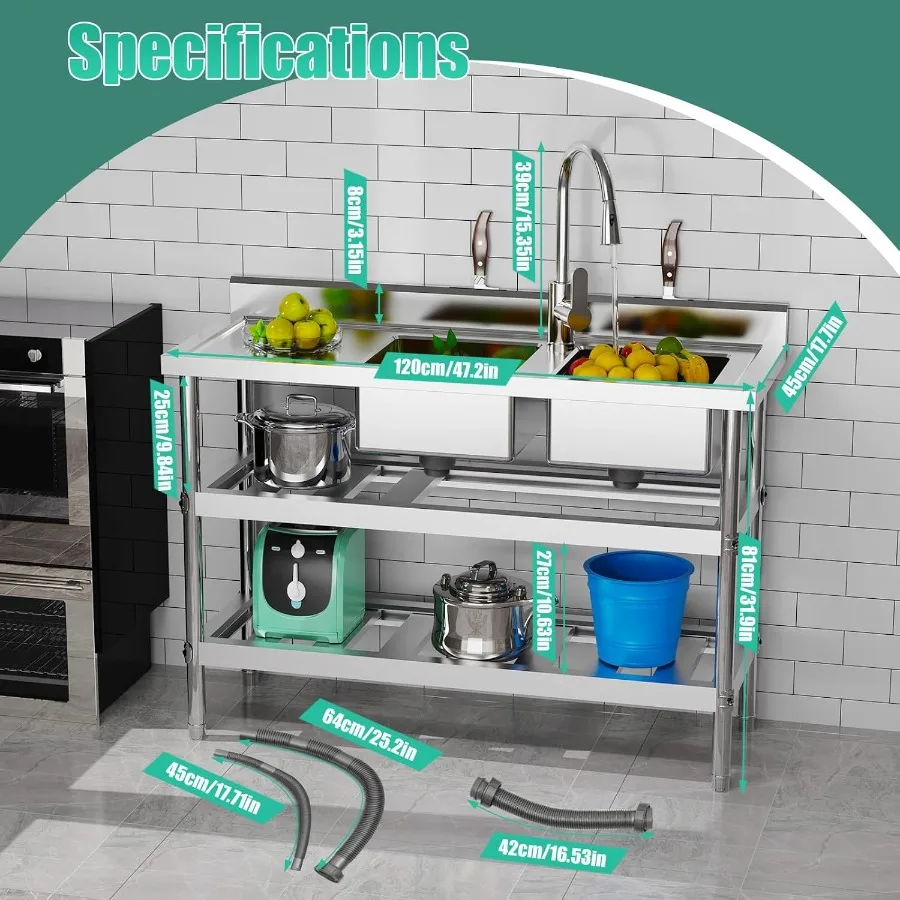 حوض المطبخ التجاري قائم بذاته 2 حجرة الفولاذ المقاوم للصدأ الإعدادية فائدة بالوعة 201 الفولاذ المقاوم للصدأ المطبخ قائما بذاته #2