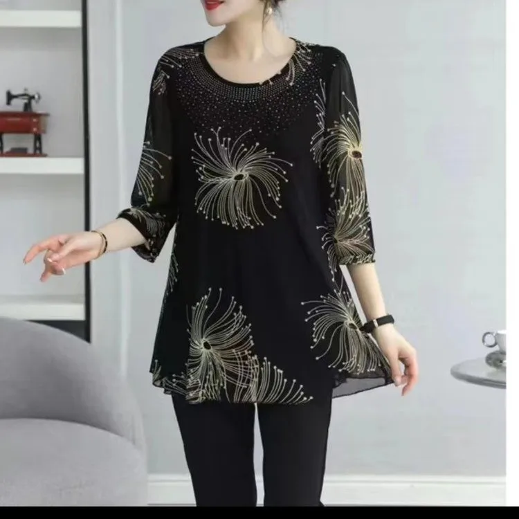 New Casual Spring Summer 3/4 Sleeve Blouse Plus Size Fashion Printed Women\'s Clothing Commute Loose Round Neck Gauze Midi Shirt