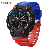 SANDA Outdoor Sport LED Digital Men Watch Military Style 5ATM Waterproof Dual Display Quartz Wristwatch TPU Strap  Man Watches