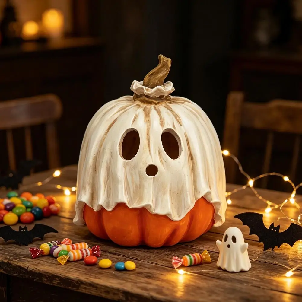 Halloween Pumpkin Ghost Resin Candy Bowl Creative Lantern Candle Holder Witch Cauldron Candy Jar Party Table Decor Ornament