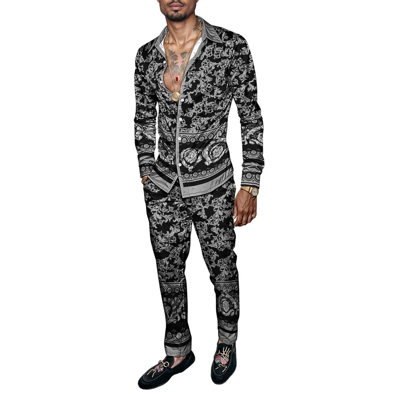 2025 Spring Summer Men Shirt Set Brand Print Fashion Ropa Hombre 2 Piece Set Mens Light Luxury Lightweight Party Long Sleeves