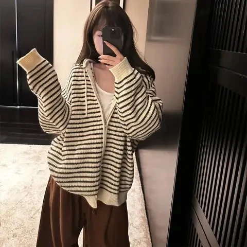 Hong Kong Style Striped Hooded Knitted Sweater Coat Women's Open Cardigan Spring Autumn Winter New Drawstring Zipper Versatil...
