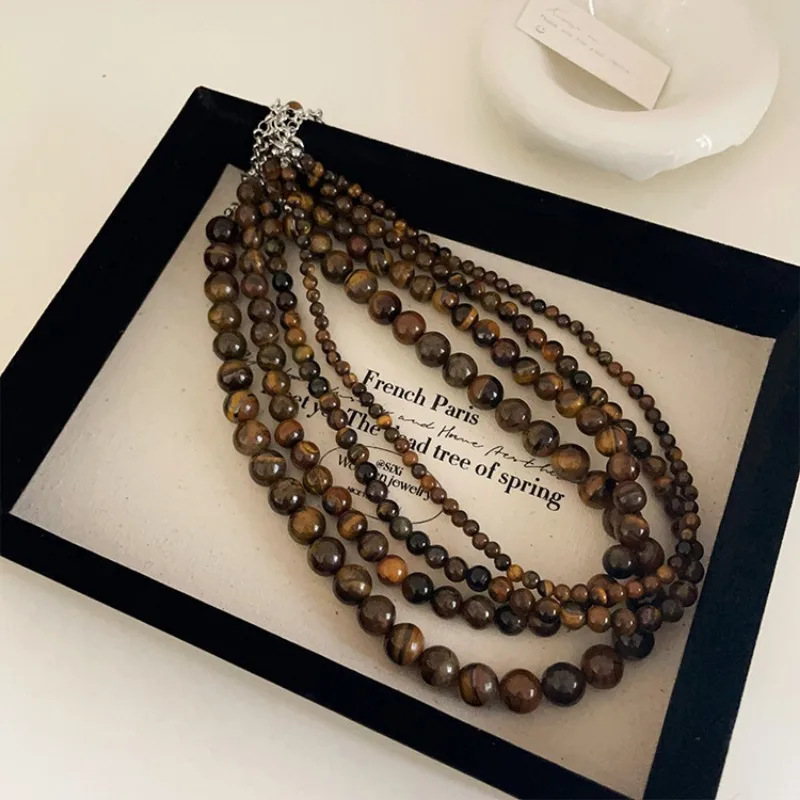 Minar Vintage 4 6 8 10mm Natural Stone Tigereye Strand Beaded Necklace for Women Femme Silver Plated Chain Chokers Sweater Chain