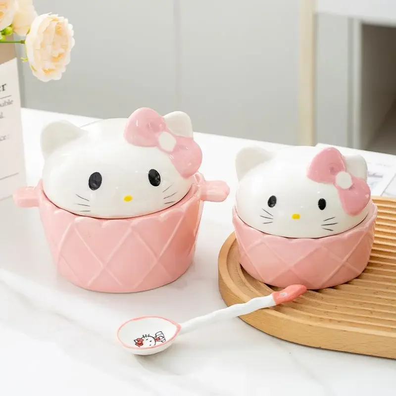 

Sanrio Kawaii Hello Kitty Ceramic Instant Noodle Bowl Anime Cartoon Fashion Ins Style Large Capacity Home Tableware Covered Bowl