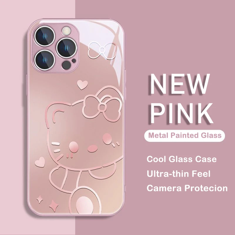 Cartoon Hello Kitty Metallic-Color Phone Case For iPhone X XR XS 16 15 14 13 12 Mini 11 Pro Max 7 8 SE 20 Plus Glass Hard Cover