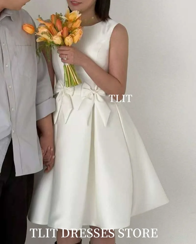 TLIT Elegante Satin Kurze Hochzeit Party Kleider Korea Brautkleider Foto Schießen Korsett Braut Kleider Formale Party Angepasst Bogen