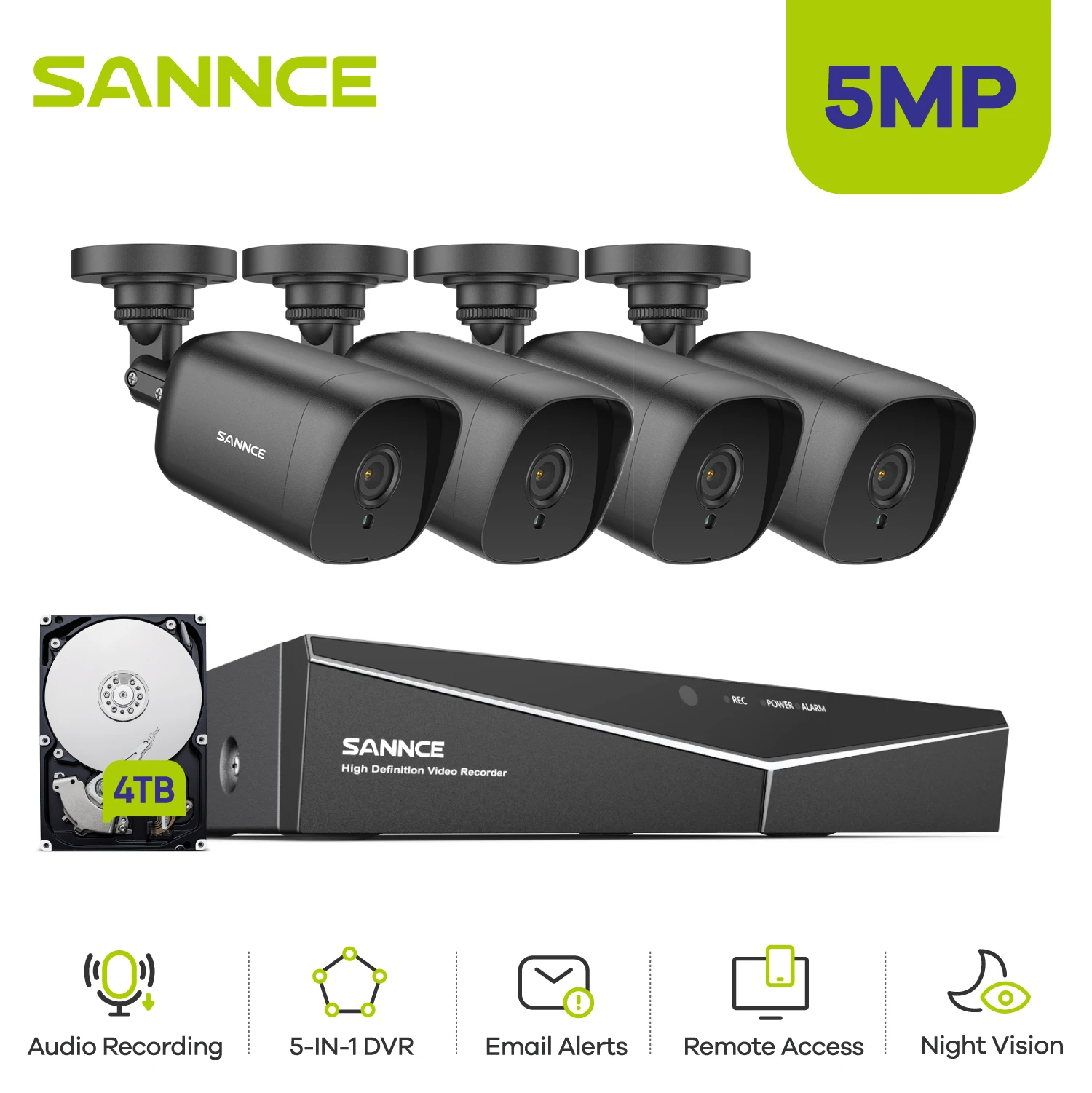 SANNCE 8CH 5MP-N HD DVR Home Security Camera System 8pcs 5MP AI Human Detection IP66 Outdoor Cameras Surveillance CCTV Kit