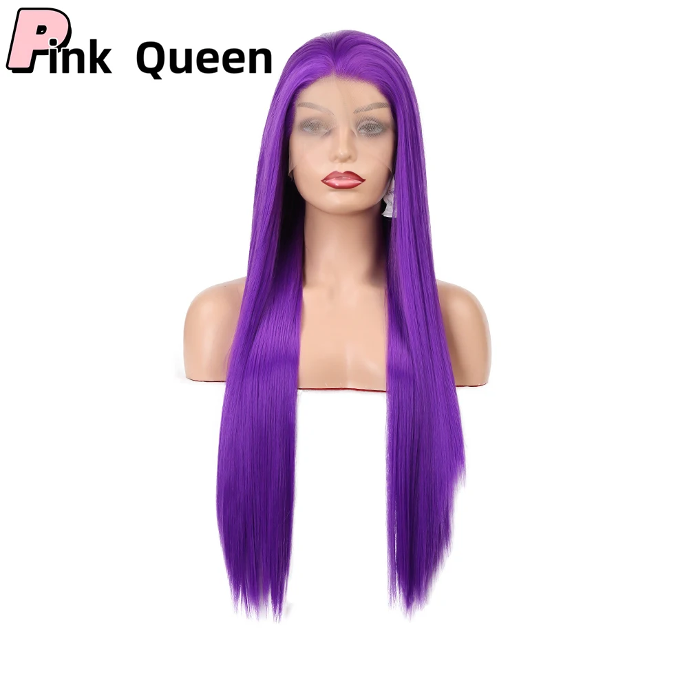 Peruca longa reta de cabelo roxo, 13*2.5 Front Lace, fibra resistente ao calor sem cola, linha fina natural, cabelo sintético