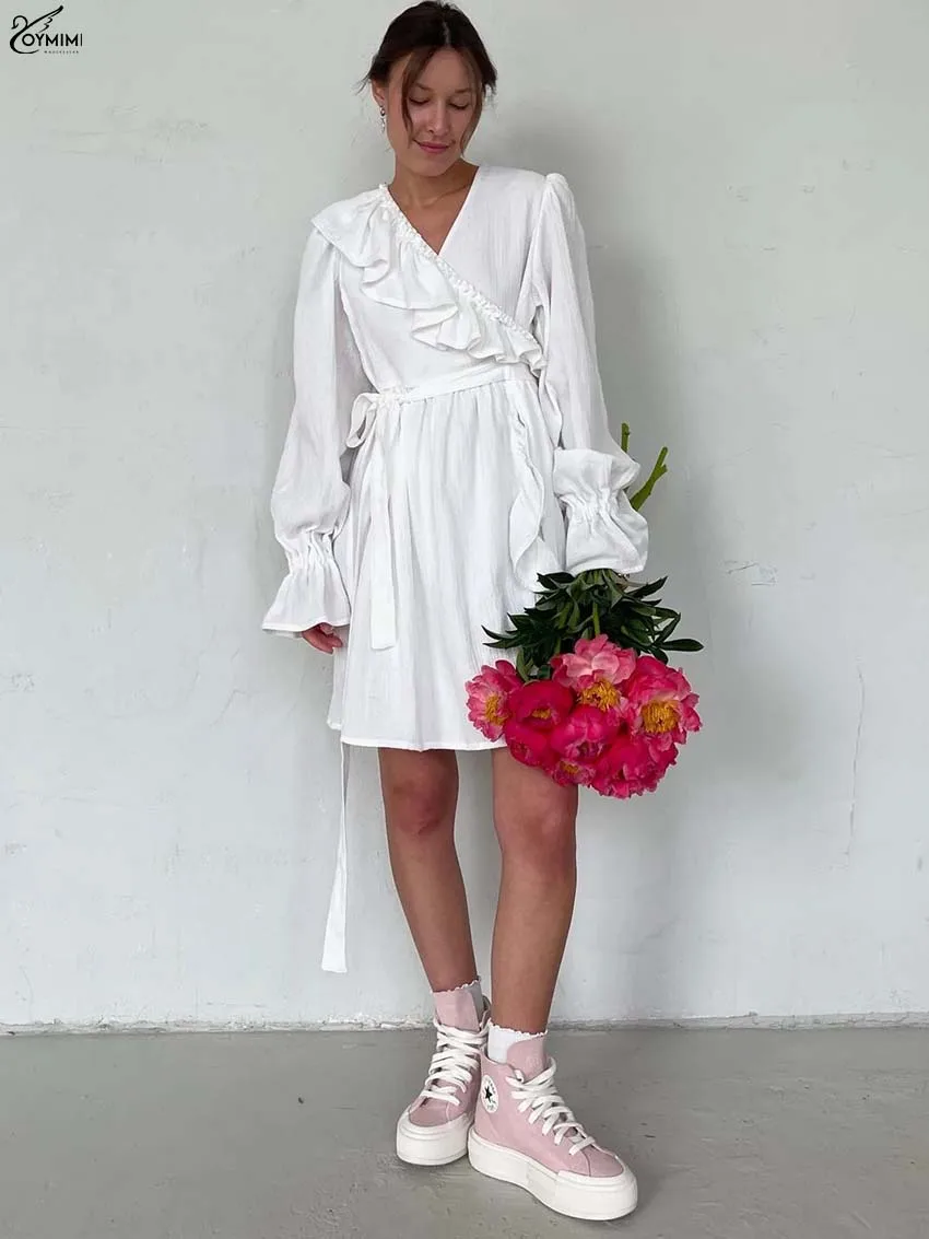 

Oymimi Elegant White Cotton Women's Dress Fashion V-Neck Long Sleeve Ruffled Dresses Casual Lace-Up Loose Mini Dresses Female