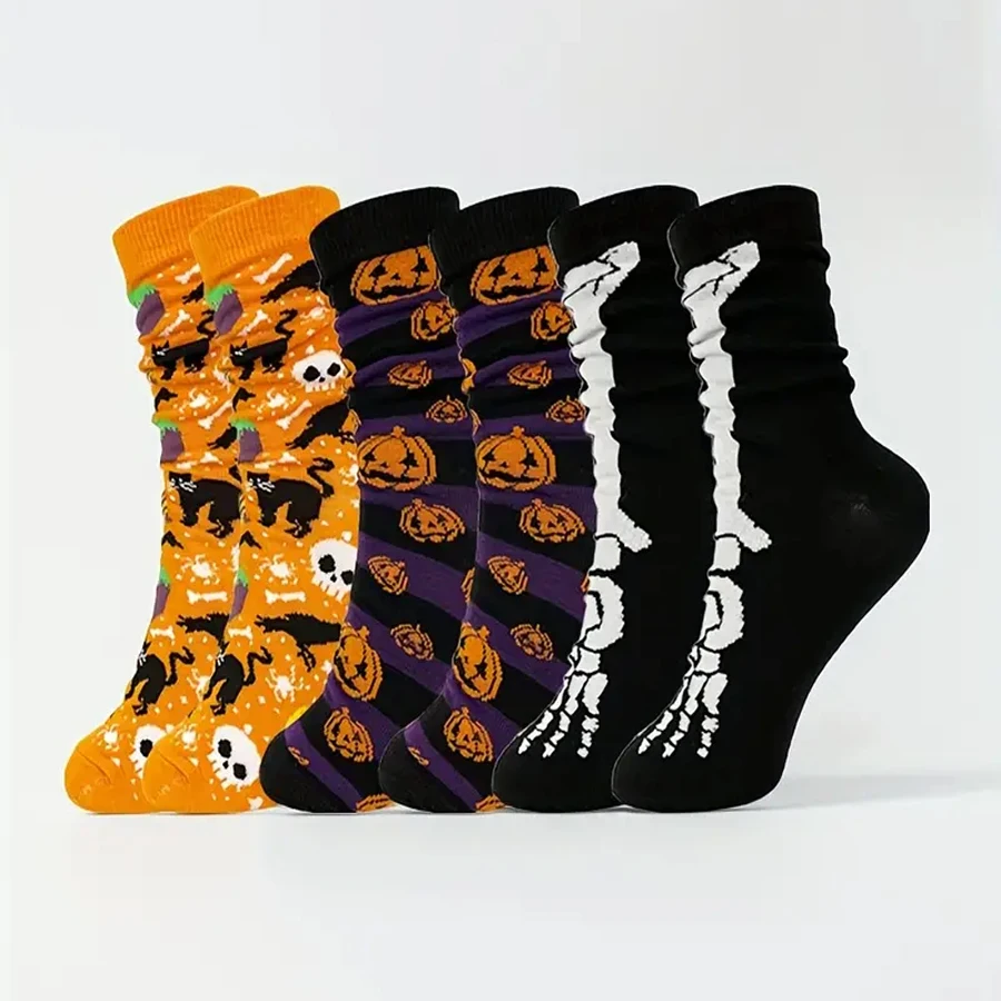 6pairs Halloween Style Men\'s Trendy Cartoon Bat Pumpkin Pattern Crew Socks, Breathable Comfy Casual Street Style Unisex Socks Fo