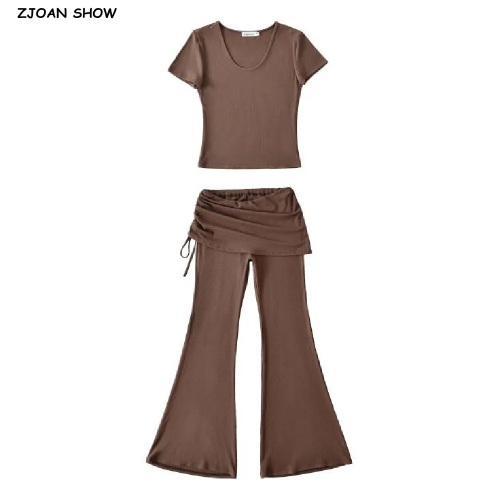 

2 pieces 1 Set 2025 V collar Jersey Short sleeve T-shirt Women Ruched Drawstring Rope Elastic Waist Long Flare Pants Suits