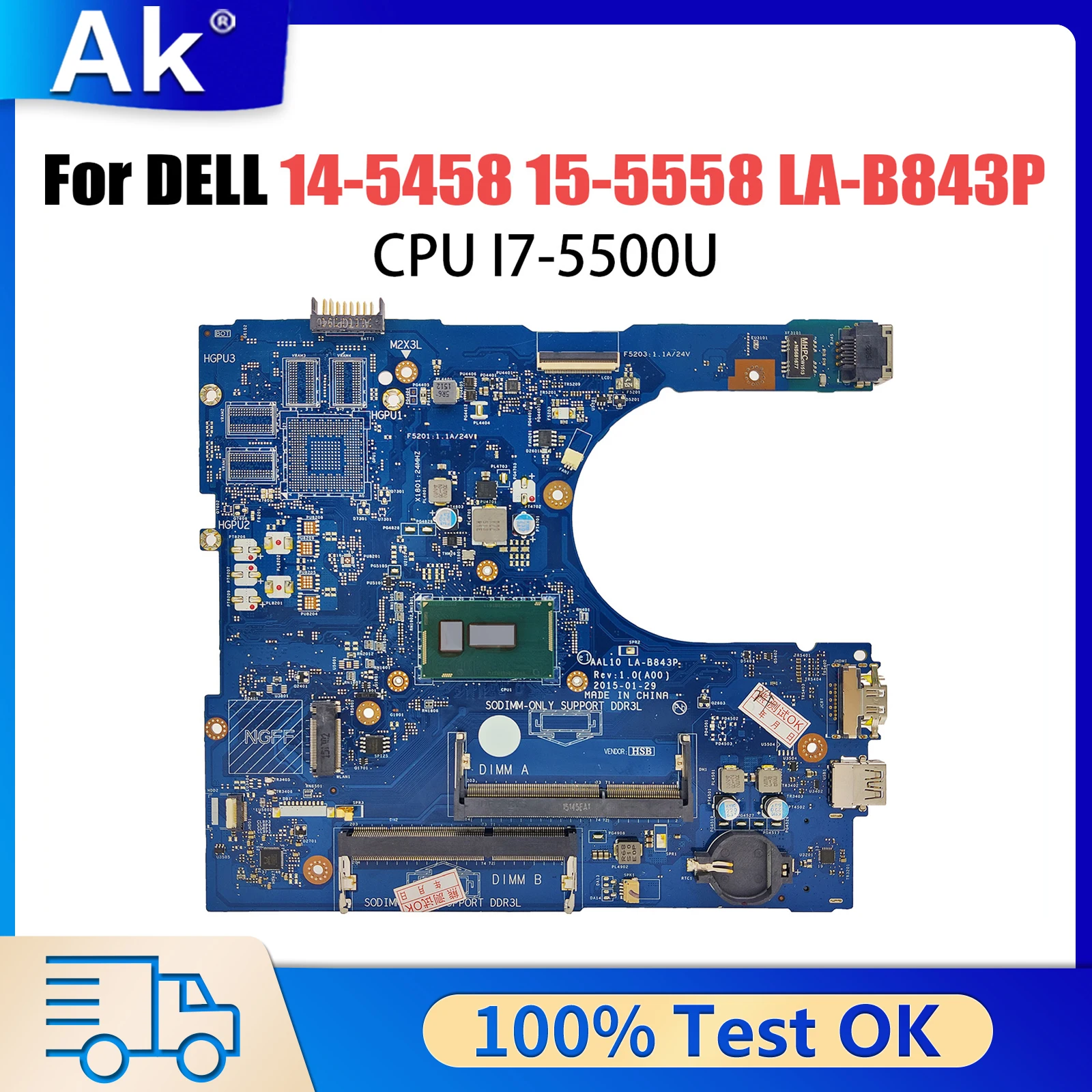 FOR Dell Inspiron 14 5458 15 5558 Laptops Motherboard AAL10 LA-B843P With I7-5500U CPU CN-0XCFXD