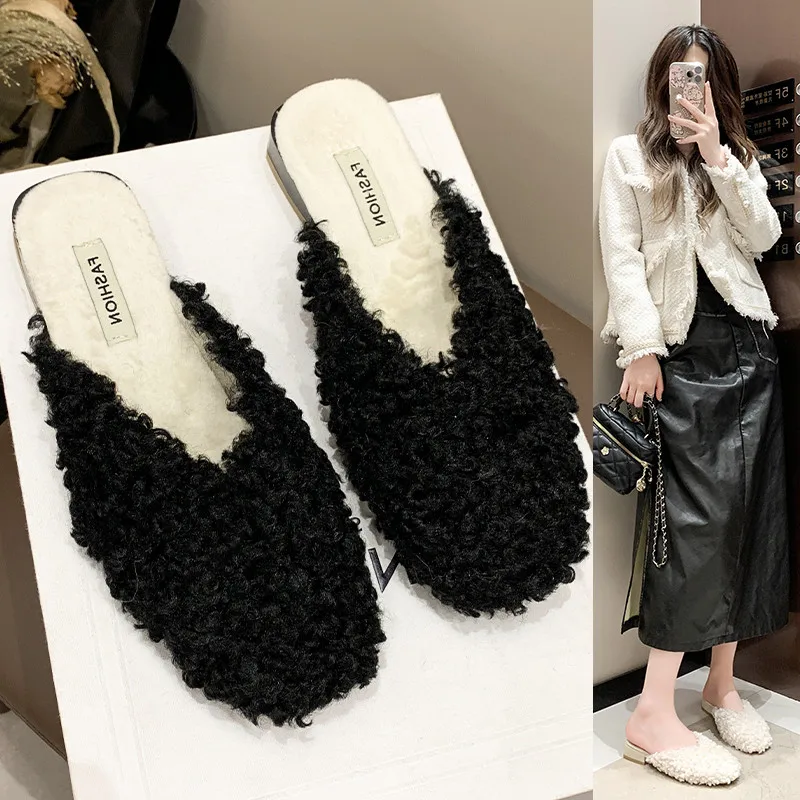 Female Shoes Cover Toe Womens Slippers Outdoor Luxury Slides Fur Flip Flops Winter Footwear Square heel 2024 Designer Plush