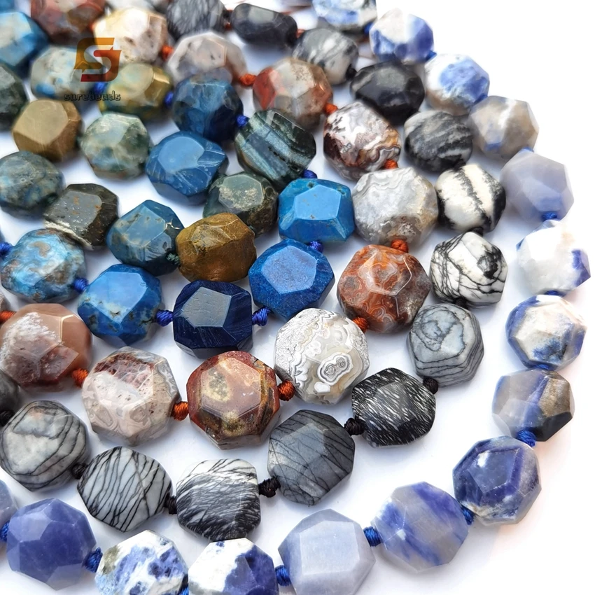 

15.5"/strand Natural Ocean Agate Faceted Nugget Beads,Cut Flat Round Sodalite Picasso Jasper Pendant Necklace Jewelry Making