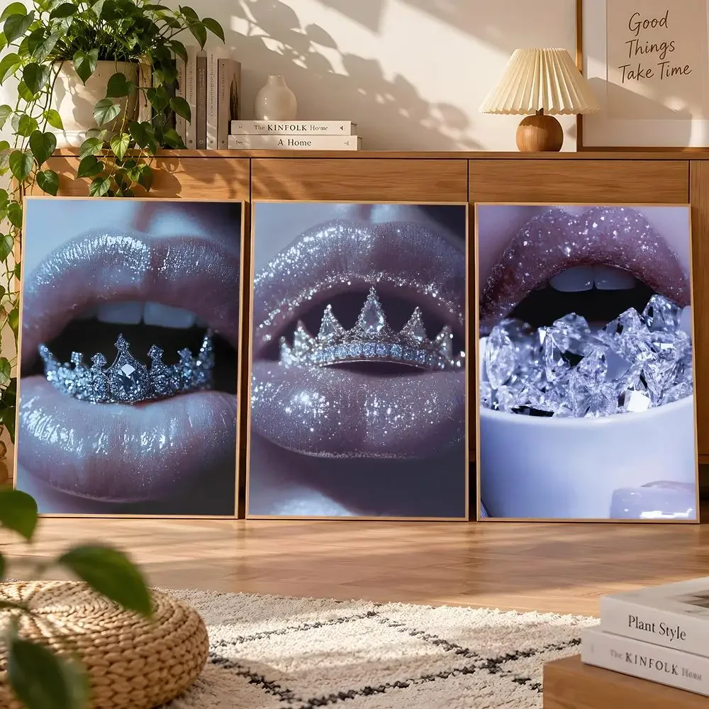 Luxury Woman Glamorous Lip Fashion Glossy Diamonds Cherries Poster Matte Wall Art Waterproof Room Decoration Bedroom