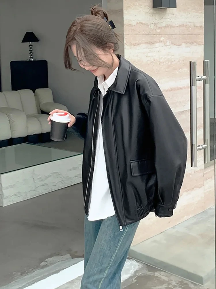 Spring and Autumn New Black Leather Jacket Women's Autumn Korean Edition Fashion Trend High Motorcycle Leather Jacket Trendy