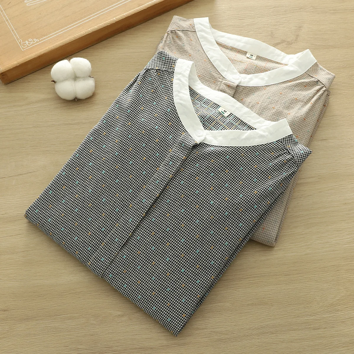 2025 Eleganckie koszule damskie Japońska moda stójka koszule w kratę bluzki z długim rękawem 100% przędza bawełniana koszule damskie w kratę