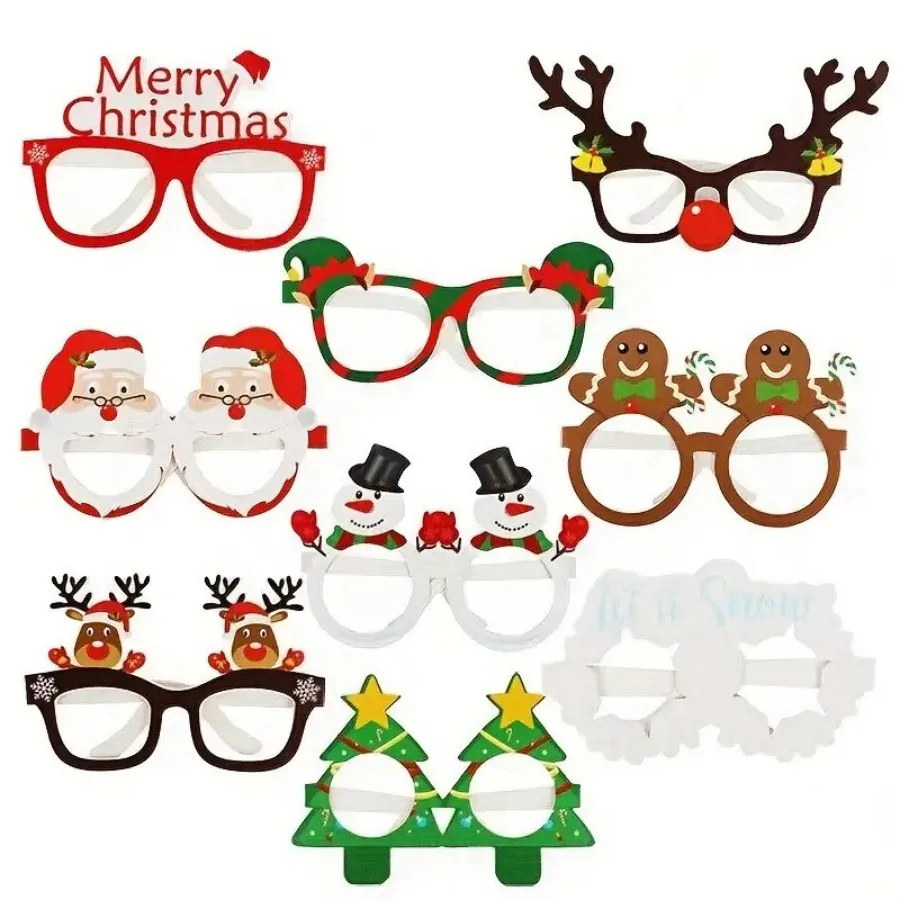 9Pack Christmas Paper Glasses - Festive Photo Booth Props, Santa Snowflake Styles Disposable for Adults Kids Holiday Party Dec