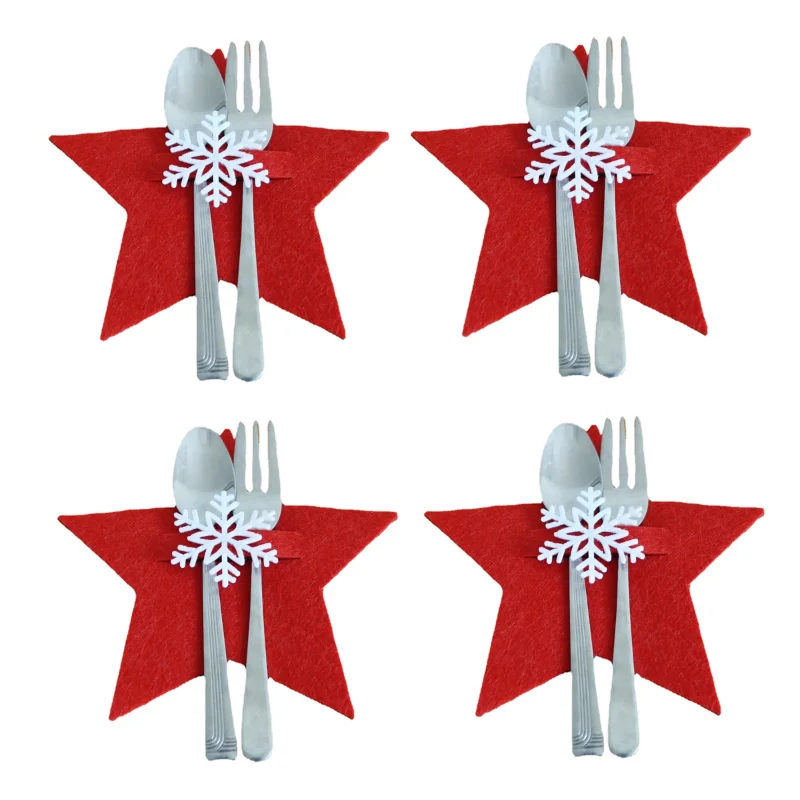 4pcs Christmas Cutlery Holder Bags Xmas Caps Tree Snowflake Spoon Holder Pockets Knife Fork Set Bags Tableware Organizer Decors