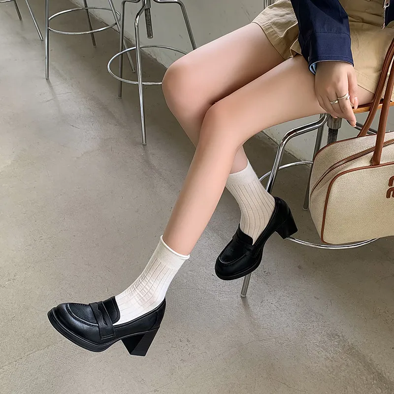 MKKHOU Fashion Pumps New High Quality Genuine Leather Shoes Round Head High Heels Academy Style Women's Heels Shoes