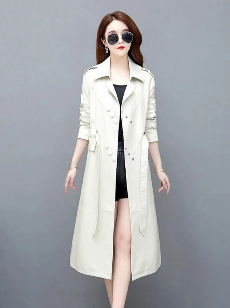 2023 Autumn Winter Long Leather Trench Coats Genuine Leather Jackets Women Long Sleeve Coats Lace-up Female Sheepskin Outwear