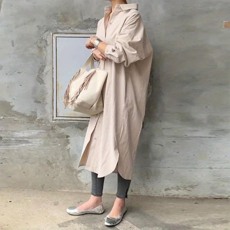 

Patchwork Long Sleeve Shirt - Women's Straight Cut Cotton Blouse, Elegant Oversized Trench Coat, Mini-malist Office Wear