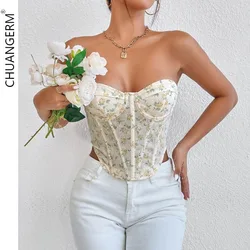 CHUANGERM Sexy Corset Hottie Mesh See Through Slim Crop Top Mouwloos Trekkoord V-hals Backless Bandage Zandloper Body Shaper